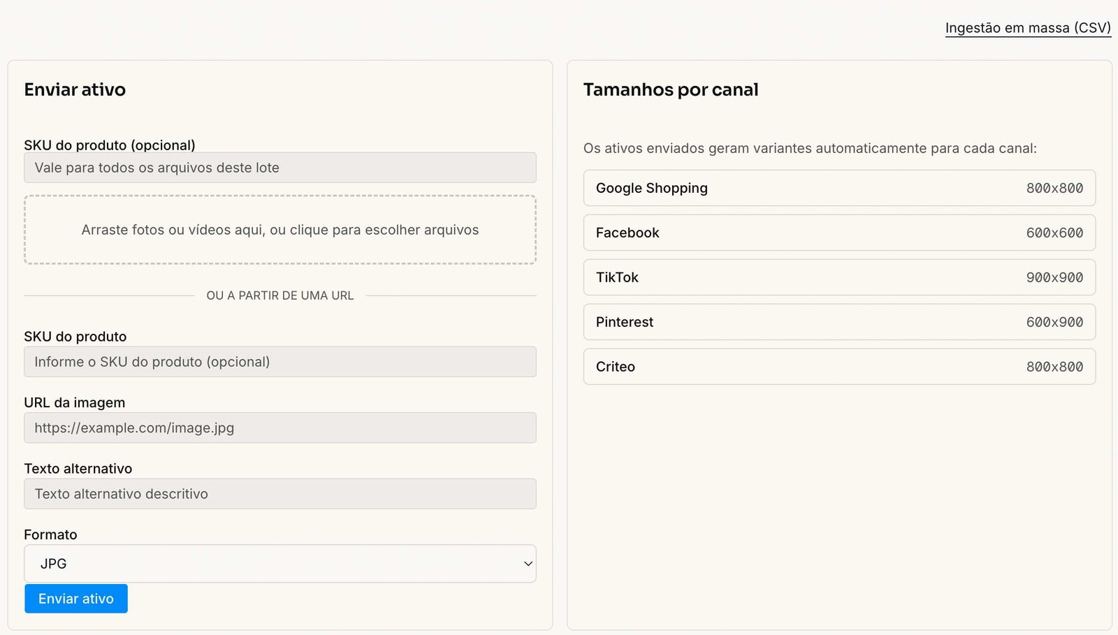 A área de envio da tela Ativos e os tamanhos que o sistema gera para cada canal.