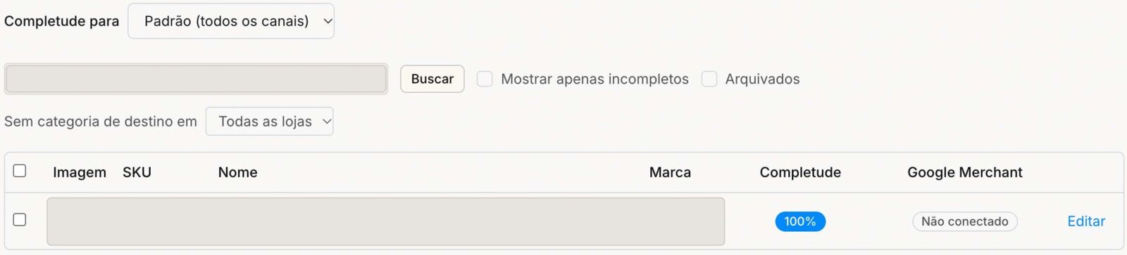 A lista de produtos com a busca e a linha do produto encontrado. Os dados do produto estão ocultos nesta imagem.
